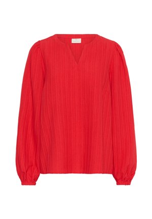 Červená blúzka s dlhými rukávmi, jemnou vertikálnou textúrou, výstrihom do V, naberanými ramenami a elastickými manžetami.
