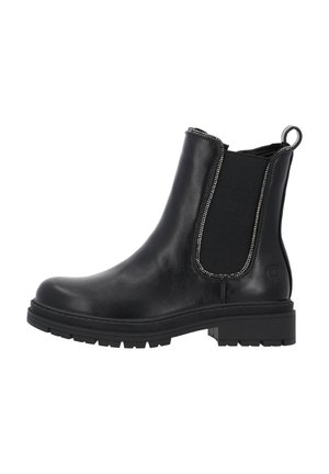 Zwarte leren Chelsea boots met elastische zijpanelen, zilverkleurige details, gestapelde hak en een gestructureerde rubberen loopzool.
