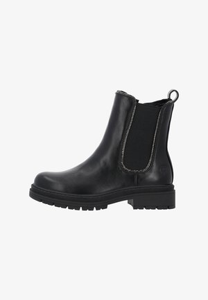 Botas Chelsea de piel negra con paneles laterales elásticos, detalles en tono plateado, tacón apilado y suela de goma texturizada.