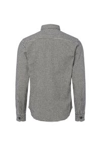 Koszula z długim rękawem w czarno-białą kratę houndstooth z kołnierzykiem zapinanym na guziki, z zaokrąglonym dołem i mankietami na guziki.