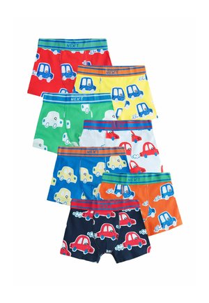 Sept paires de boxers pour enfants avec différentes couleurs unies et motifs de voitures. Les couleurs incluent rouge, bleu, jaune, vert et orange.