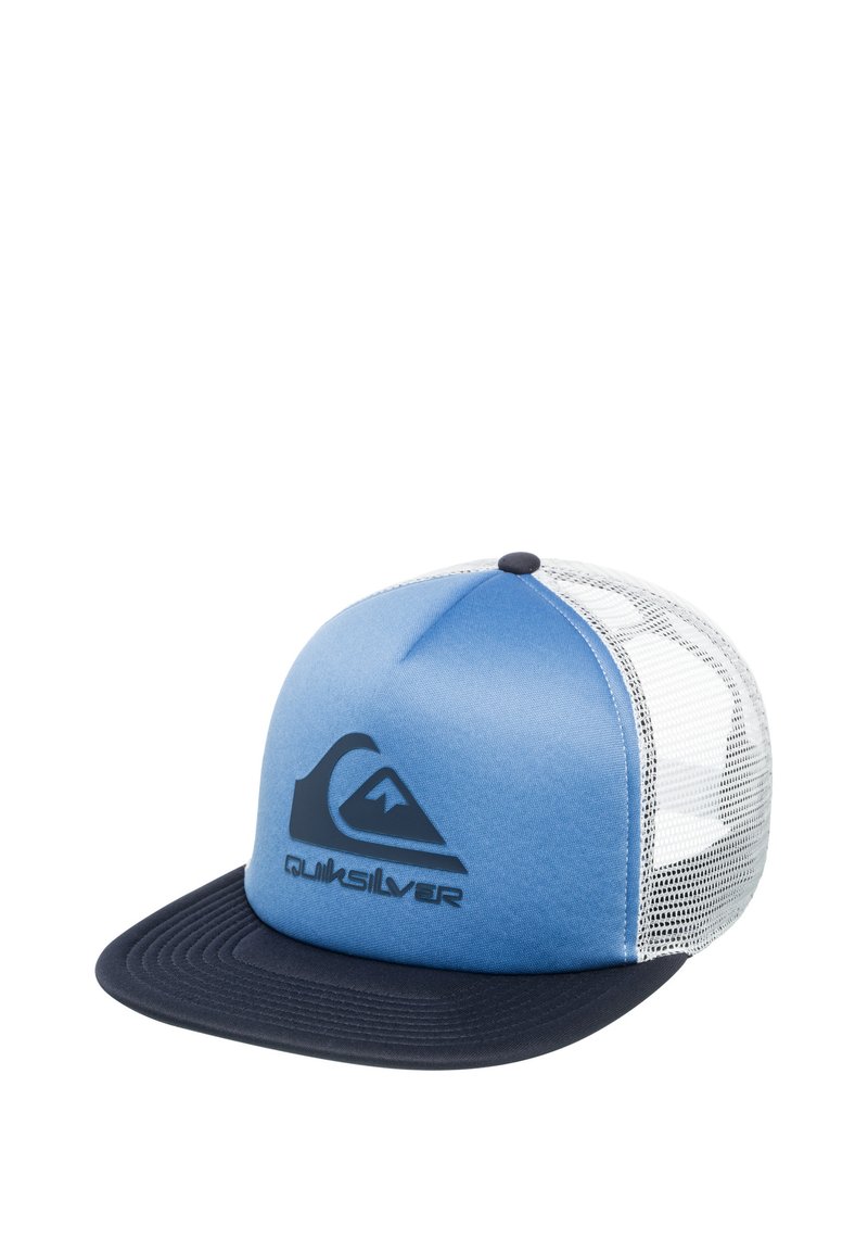 Gorra azul con visera marina y parte trasera de malla. Presenta un logotipo negro prominente en la parte frontal. Diseño estructurado con visera plana.