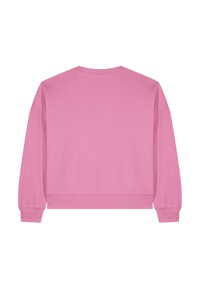 Roze sweatshirt met een ronde hals, geribbelde boorden bij de mouwen en zoom. Heeft een gladde textuur en een losse pasvorm. Geen zichtbare afbeeldingen of patronen.