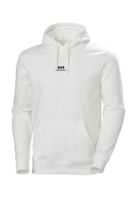 Sudadera blanca con cordón, bolsa frontal y logo negro en el pecho. Fabricada con tela suave y con puños y dobladillo acanalados.