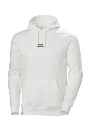 White hoodie with drawstring, front pocket, and black logo on the chest. Made of soft fabric with ribbed cuffs and hem.