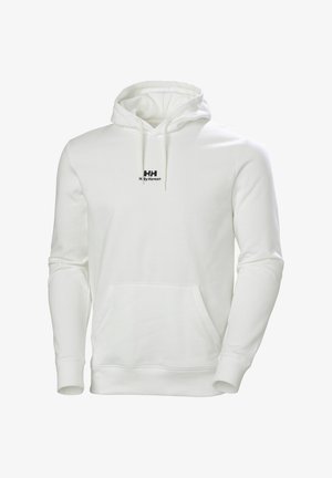 Witte hoodie met trekkoord, voorzak en zwart logo op de borst. Gemaakt van zachte stof met ribgebreide manchetten en zoom.