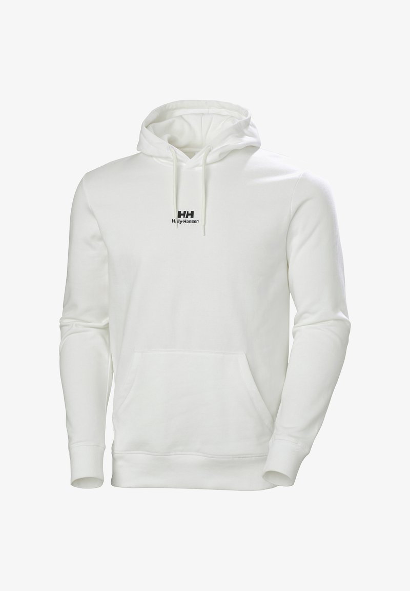 Sudadera blanca con cordón, bolsa frontal y logo negro en el pecho. Fabricada con tela suave y con puños y dobladillo acanalados.