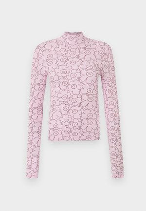 Pink long-sleeve top with a high collar, featuring a floral pattern outlined in darker pink. Made from ribbed fabric, close-fitting design.