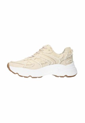 Beige athletic shoe with a textured, frayed upper, prominent stitching, and white midsole. Rubber outsole for traction.