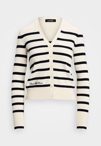 Cotton blend cardigan with a V-neck, featuring navy horizontal stripes on a cream background, button-down front, and embroidered logo.