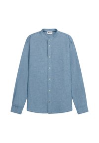 Camicia a maniche lunghe di colore azzurro chiaro, realizzata in tessuto misto lino, con colletto alla cinese, chiusura con bottoni e una finitura testurizzata.