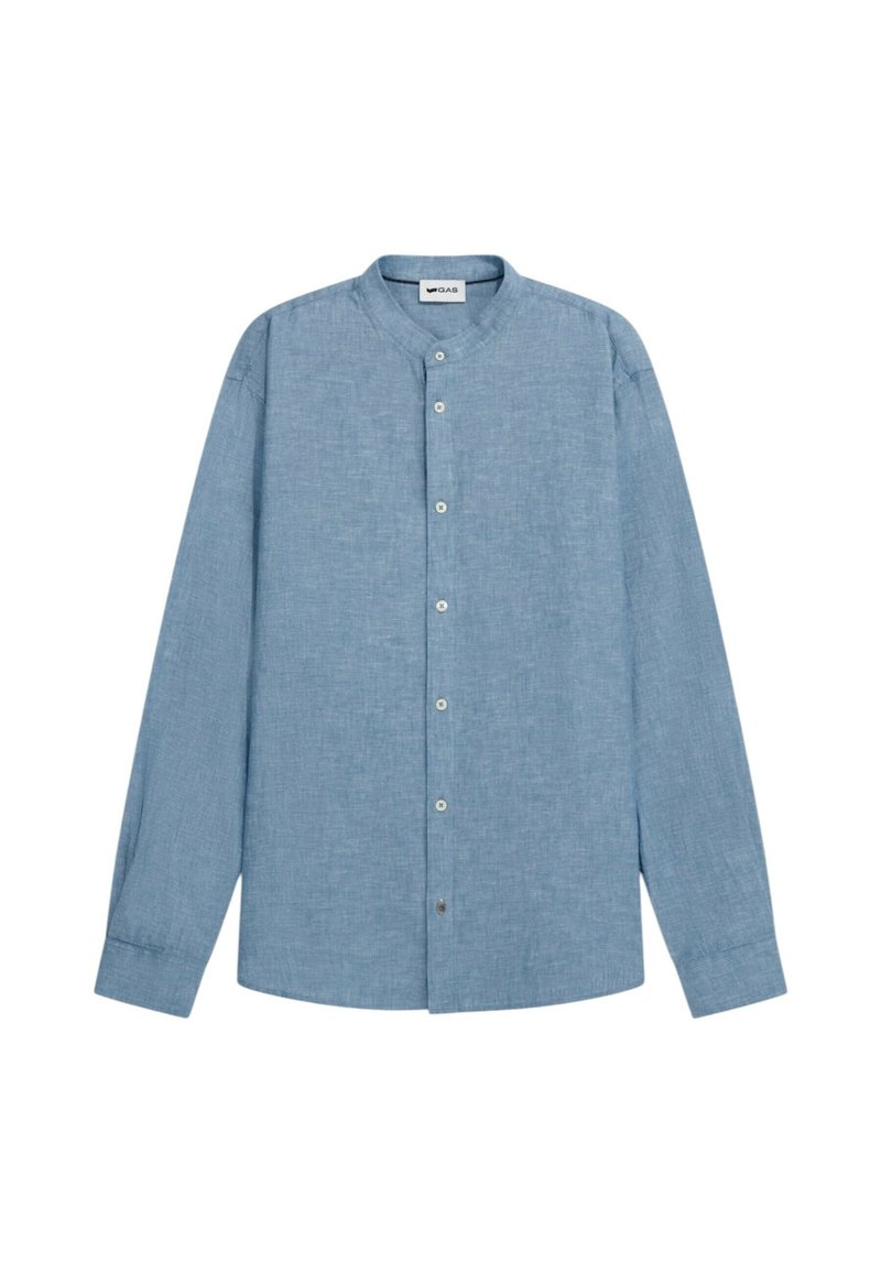 Camicia a maniche lunghe di colore azzurro chiaro, realizzata in tessuto misto lino, con colletto alla cinese, chiusura con bottoni e una finitura testurizzata.