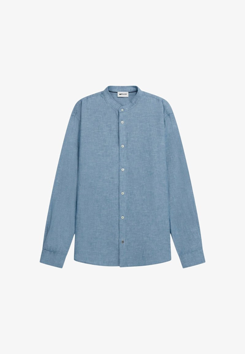 Camicia a maniche lunghe di colore azzurro chiaro, realizzata in tessuto misto lino, con colletto alla cinese, chiusura con bottoni e una finitura testurizzata.