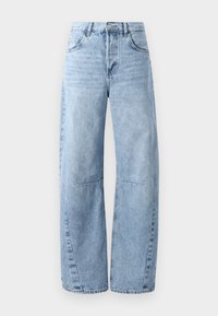 Lys blå vid ben jeans laget av denim, med høy midje, fem lommer og subtil falming. Beina har synlige sømmer og sømmer.