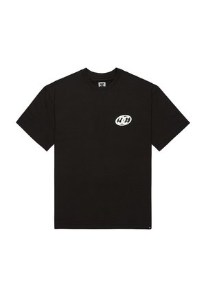 Schwarzes Baumwoll-T-Shirt mit kurzen Ärmeln, Rundhalsausschnitt, mit einem kleinen weißen Grafiklogo auf der linken Brustseite. Glatte Textur.