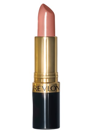 Rouge à lèvres Revlon dans un tube doré et noir. La couleur des lèvres est un rose nude doux avec une finition lisse et brillante et une forme de bullet effilée.