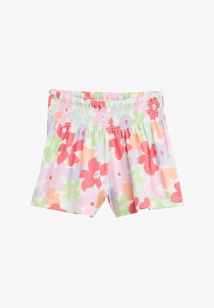 Floral print shorts with a smocked waistband. Colors include pink, green, purple, and orange. Lightweight fabric with a loose fit.