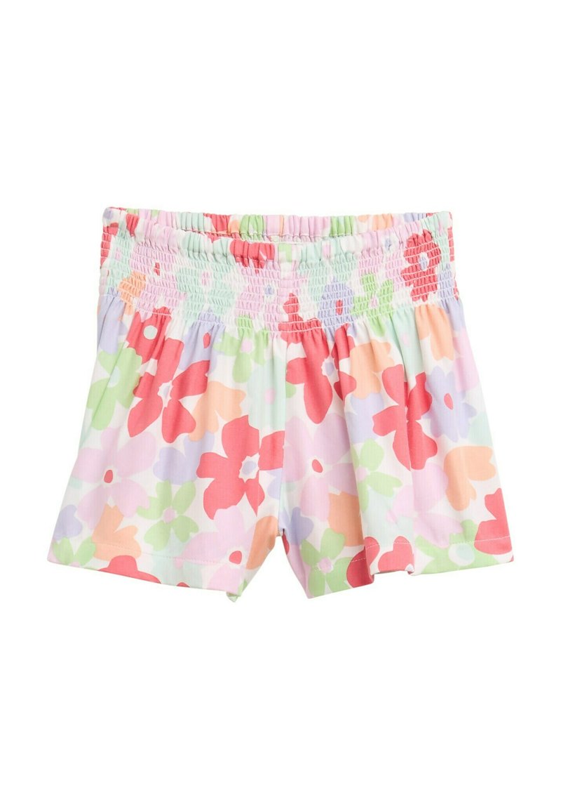 Blommönstrade shorts med resårmidja. Färgerna inkluderar rosa, grön, lila och orange. Lättviktig tyg med lös passform.