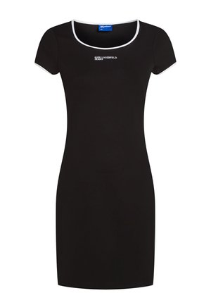 Vestito nero aderente realizzato in materiale elasticizzato, con maniche corte e scollo rotondo bordato di bianco. Include un dettaglio logo discreto sul petto.