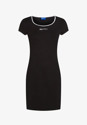 Vestito nero aderente realizzato in materiale elasticizzato, con maniche corte e scollo rotondo bordato di bianco. Include un dettaglio logo discreto sul petto.