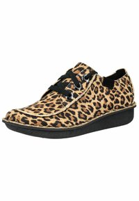 Zapatos de estampado de leopardo con cordones negros, material de pelaje sintético, puntera redonda y suela de goma negra con un ligero cuña para mayor altura.
