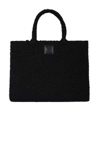 Borsa tote nera con texture e due manici corti, caratterizzata da una forma rettangolare e un'etichetta del marchio visibile sul davanti.