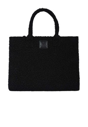 Borsa tote nera con texture e due manici corti, caratterizzata da una forma rettangolare e un'etichetta del marchio visibile sul davanti.