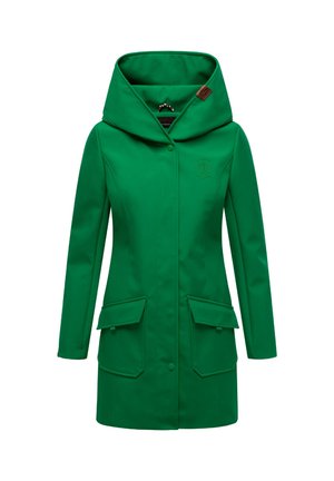 Green waterproof coat with a large hood, two front pockets, and a smooth, textured finish. Adjustable closure and branding detail on the chest.