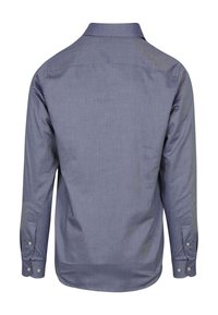 Langarmshirt van een effen donkerblauwe stof, met een knoopsluiting op de kraag, knoopsluitingen op de manchetten en een gladde textuur. Achteraanzicht.