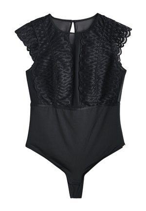 Sort ærmeløs bodysuit med blonderdetaljer foran og på skuldrene, rund halsudskæring og nøglehulslukning bagpå.