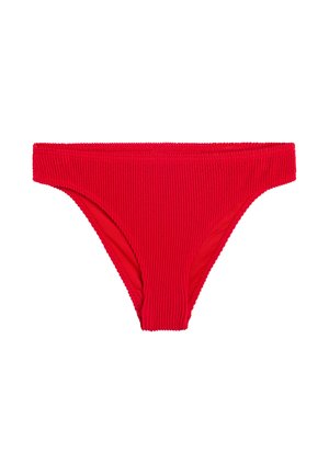 Red textured bikini bottoms with a high-cut leg and wide waistband, displayed on a white background.