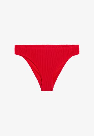 Red textured bikini bottoms with a high-cut leg and wide waistband, displayed on a white background.