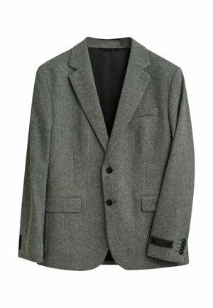 Blazer en motif chevrons gris fabriqué à partir d'un tissu texturé, comportant deux poches avant, un revers en notch et des fermetures à boutons noirs.