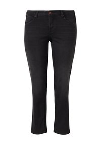 Jean en denim noir avec une coupe droite, doté d'une fermeture à bouton et zip à l'avant, et de cinq poches. Aucun motif ni ornement visible.