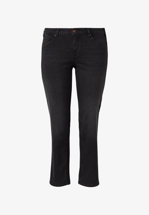 Jeans in denim nero con taglio a gamba dritta, dotati di chiusura frontale con bottone e cerniera, e cinque tasche. Nessun motivo o decorazione visibile.