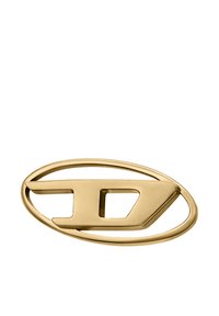 Gouden metalen riemgesp met een ovale vorm en een gestileerd uitsnijdontwerp. Glad oppervlak met een gepolijste afwerking.