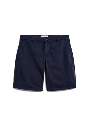 Marineblaue Shorts aus Baumwollstoff mit geradem Bein, ausgestattet mit einem Knopfverschluss und vorderen Taschen. Glatte Textur ohne Muster.