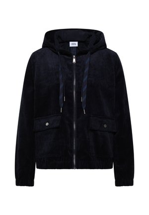 Veste en velours côtelé noire zippée avec capuche, dotée de deux poches avant, de poignets côtelés et de cordons de serrage. Tissu texturé au design décontracté.