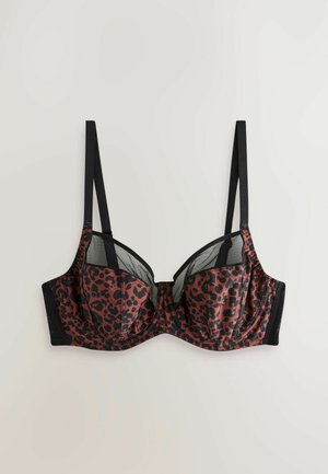 Reggiseno leopardato nero e rosso con dettagli in rete trasparente, supporto con ferretto, spalline nere regolabili e superficie liscia.