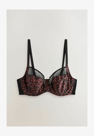 Soutien-gorge en imprimé léopard noir et rouge avec des accents en maille transparente, soutien-gorge à armatures, bretelles noires réglables et texture lisse.