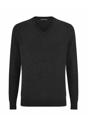 Suéter de pico en gris oscuro, fabricado en una tela suave, con mangas largas y puños y dobladillo acanalados para un ajuste entallado.