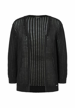 Schwarzer gestrickter Cardigan mit offener Vorderseite, der ein strukturiertes Muster und weite Ärmel aufweist. Er ist locker geschnitten und hat gerippte Säume.