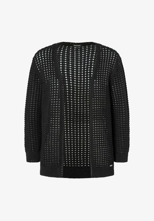 Schwarzer gestrickter Cardigan mit offener Vorderseite, der ein strukturiertes Muster und weite Ärmel aufweist. Er ist locker geschnitten und hat gerippte Säume.