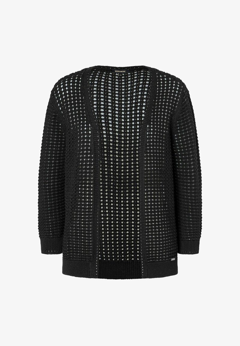 Schwarzer gestrickter Cardigan mit offener Vorderseite, der ein strukturiertes Muster und weite Ärmel aufweist. Er ist locker geschnitten und hat gerippte Säume.