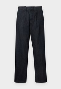 Σκούρο μπλε παντελόνι με ίσια γραμμή, ψηλή μέση και θηλιές για ζώνη, παρουσιάζεται σε απλό λευκό φόντο.