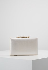 Pochette rettangolare color argento metallizzato con finitura strutturata, chiusura dorata e bordi puliti. Nessun motivo o ornamento visibile.