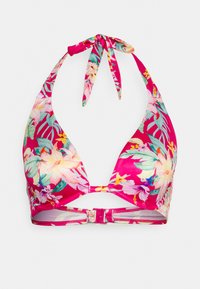 Top de biquíni floral em fúcsia com laço no pescoço. Apresenta grandes flores tropicais e folhas, fecho metálico ajustável nas costas.