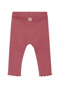 Weiche, gerippte, rosa Leggings für Kleinkinder mit Rüschensaum und einem kleinen quadratischen Etikett am Bund, auf dem "To the Moon" steht.