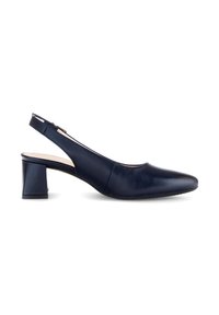 Escarpin slingback en cuir noir avec talon bloc et bout pointu, présenté de profil sur fond blanc.