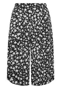Černé kraťasy s květinovým vzorem, zdobené bílými květinami a drobnými detaily. Vyrobené z lehkého materiálu, střižené s volným střihem.